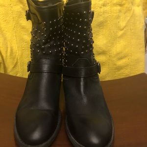 Black Leather Moto Ankle Boots with Buckle